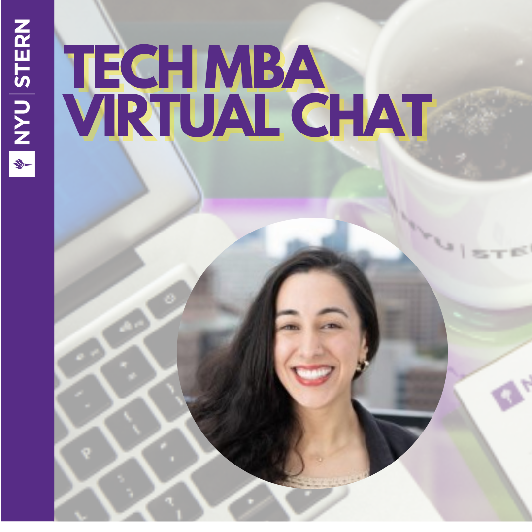 On the left, a purple vertical banner with the NYU Stern logo. Main text reads ‘Tech MBA Virtual Chat’ in bold purple and yellow letters over a blurred background of a laptop keyboard and a coffee mug with the NYU Stern logo. Centered at the bottom is a circular headshot of Nabiha Jiwani