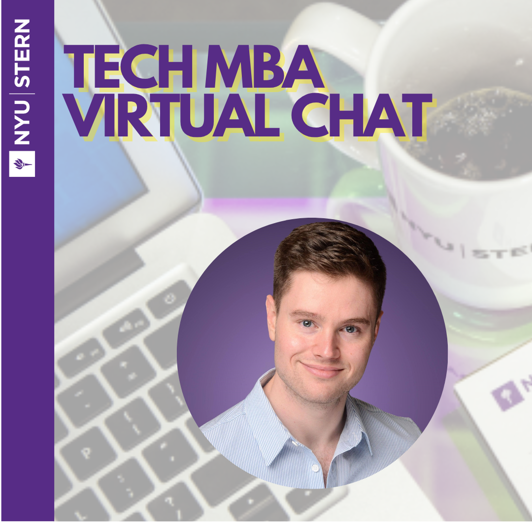 On the left, a purple vertical banner with the NYU Stern logo. Main text reads ‘Tech MBA Virtual Chat’ in bold purple and yellow letters over a blurred background of a laptop keyboard and a coffee mug with the NYU Stern logo. Centered at the bottom is a circular headshot of Trip Werd