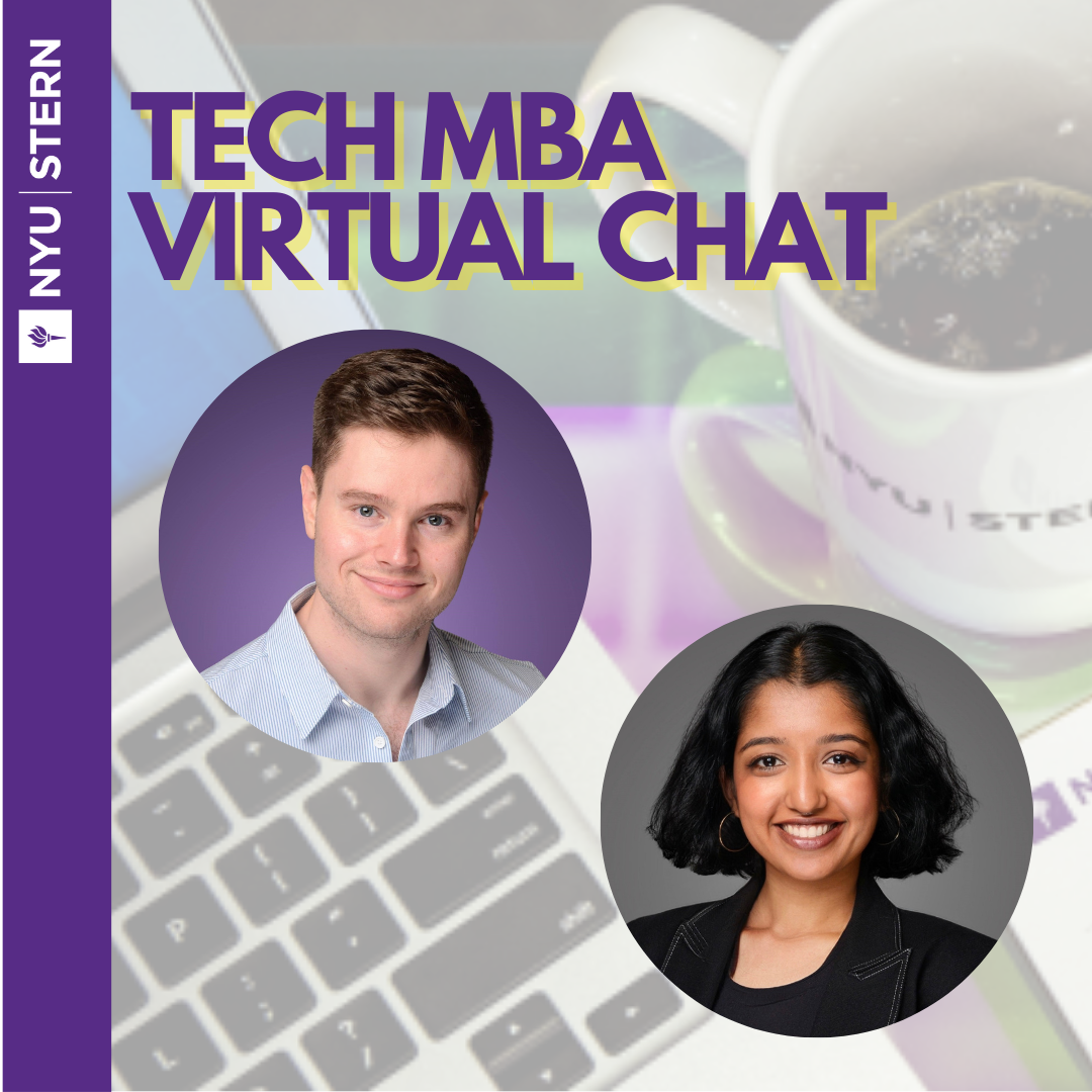 On the left, a purple vertical banner with the NYU Stern logo. Main text reads ‘Tech MBA Virtual Chat’ in bold purple and yellow letters over a blurred background of a laptop keyboard and a coffee mug with the NYU Stern logo. Centered at the bottom is a circular headshot of Trip Werd
